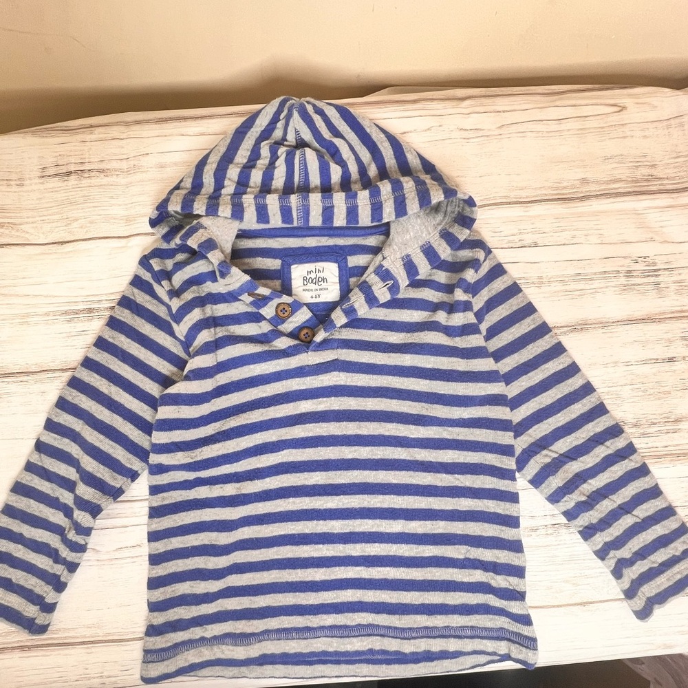 Mini Boden‎ hooded sweatshirt blue gray striped shirt size 4-5y